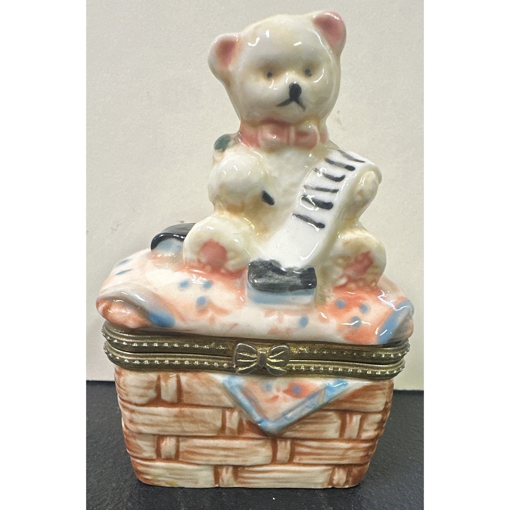 Vintage Porcelain Teddy Bear Hinged Trinket Box Metal Trim Picnic Blanket Design